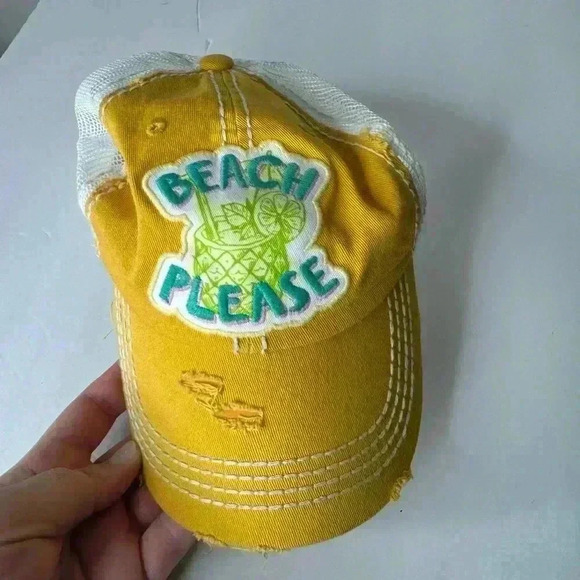 Accessories - Distressed “Beach Please” Yellow and White hat with Velcro back.